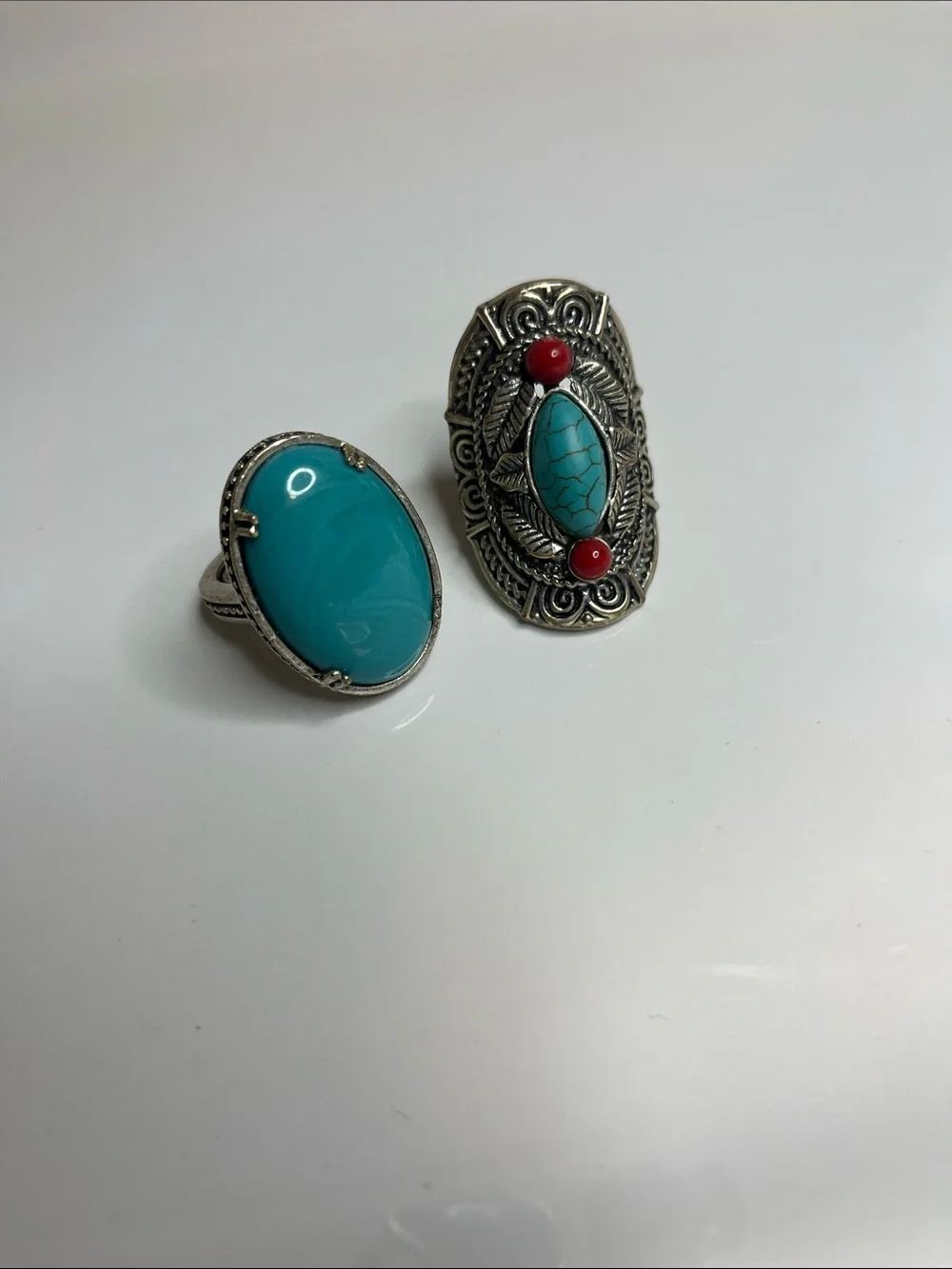 Turquoise and Coral Accent Silver Rings - Teal Blue Statement Jewelry